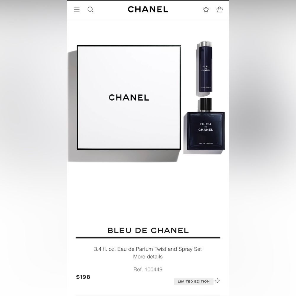 3.4 fl. oz. BLEU DE CHANEL 
0.7 fl. oz. BLEU DE CHANEL